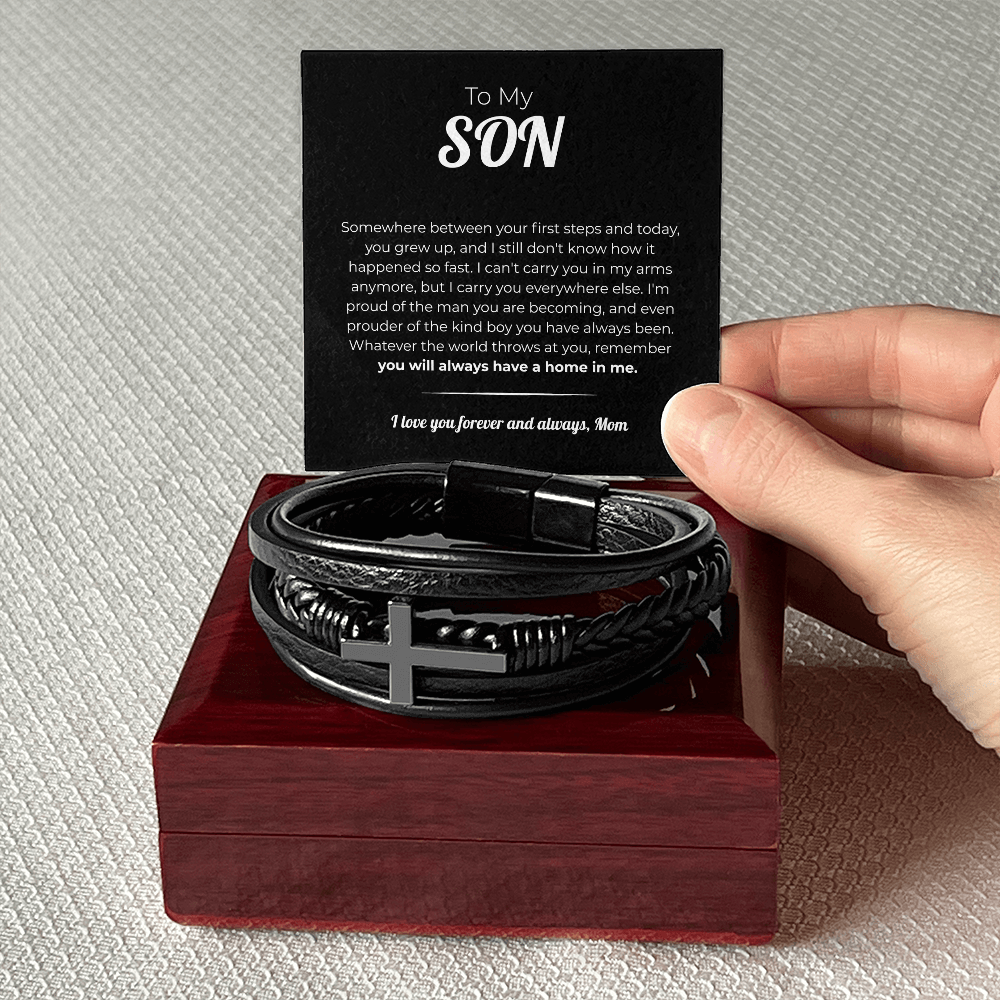 "Always a Home in Me" Gift From Mom - Men's Cross Leather Bracelet