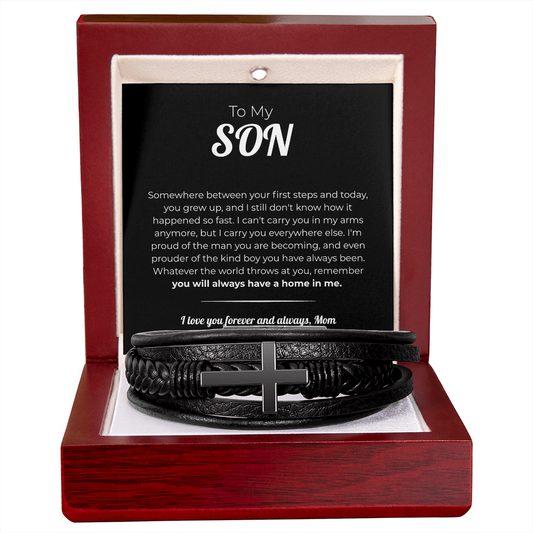 "Always a Home in Me" Gift From Mom - Men's Cross Leather Bracelet