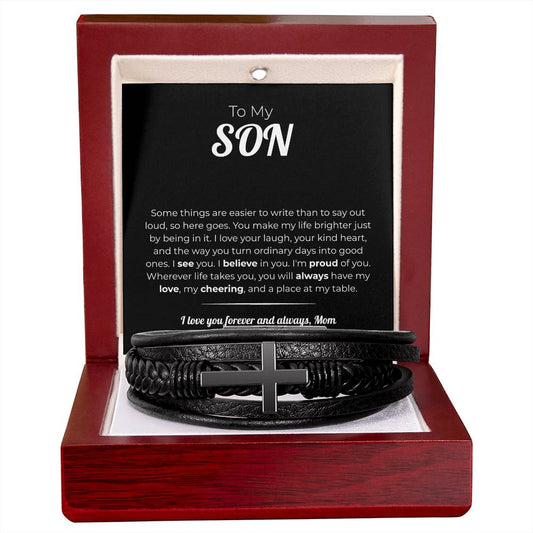 "A Place at My Table" Gift From Mom - Men's Cross Leather Bracelet