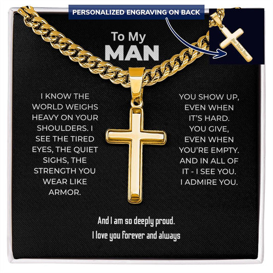 "I See You. I Admire You." Gift for Him - Engraved Cross Necklace