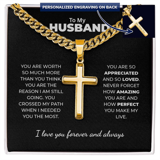 "You Crossed My Path" Gift for Husband - Engraved Cross Necklace
