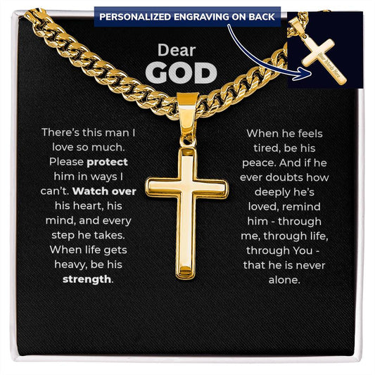 "He Is Never Alone" Gift for Him - Engraved Cross Necklace