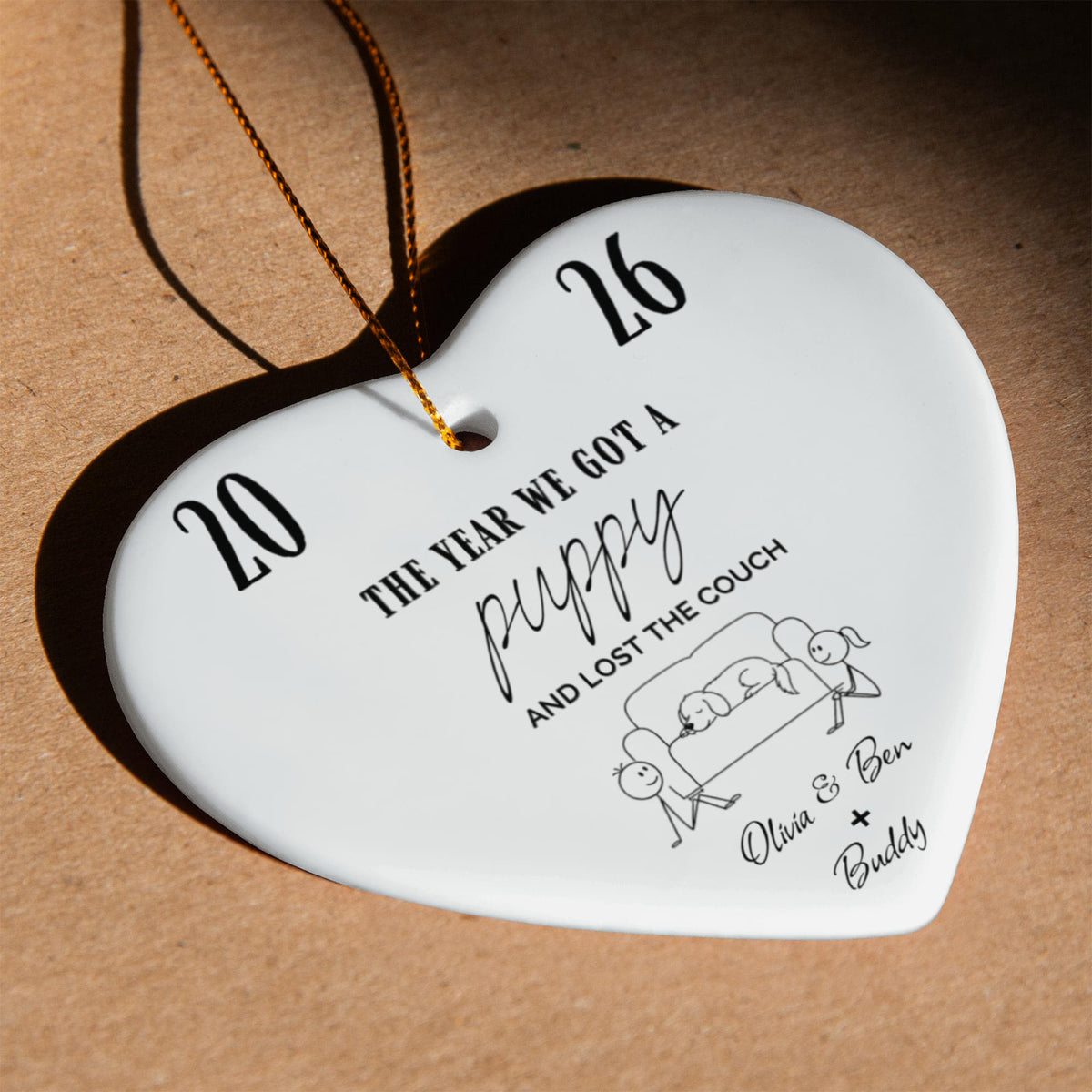 "The Year We Got a Puppy" Couple & Dog Names - Heart Ornament