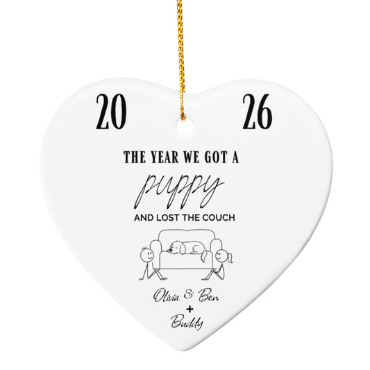 "The Year We Got a Puppy" Couple & Dog Names - Heart Ornament