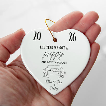 "The Year We Got a Puppy" Couple & Dog Names - Heart Ornament