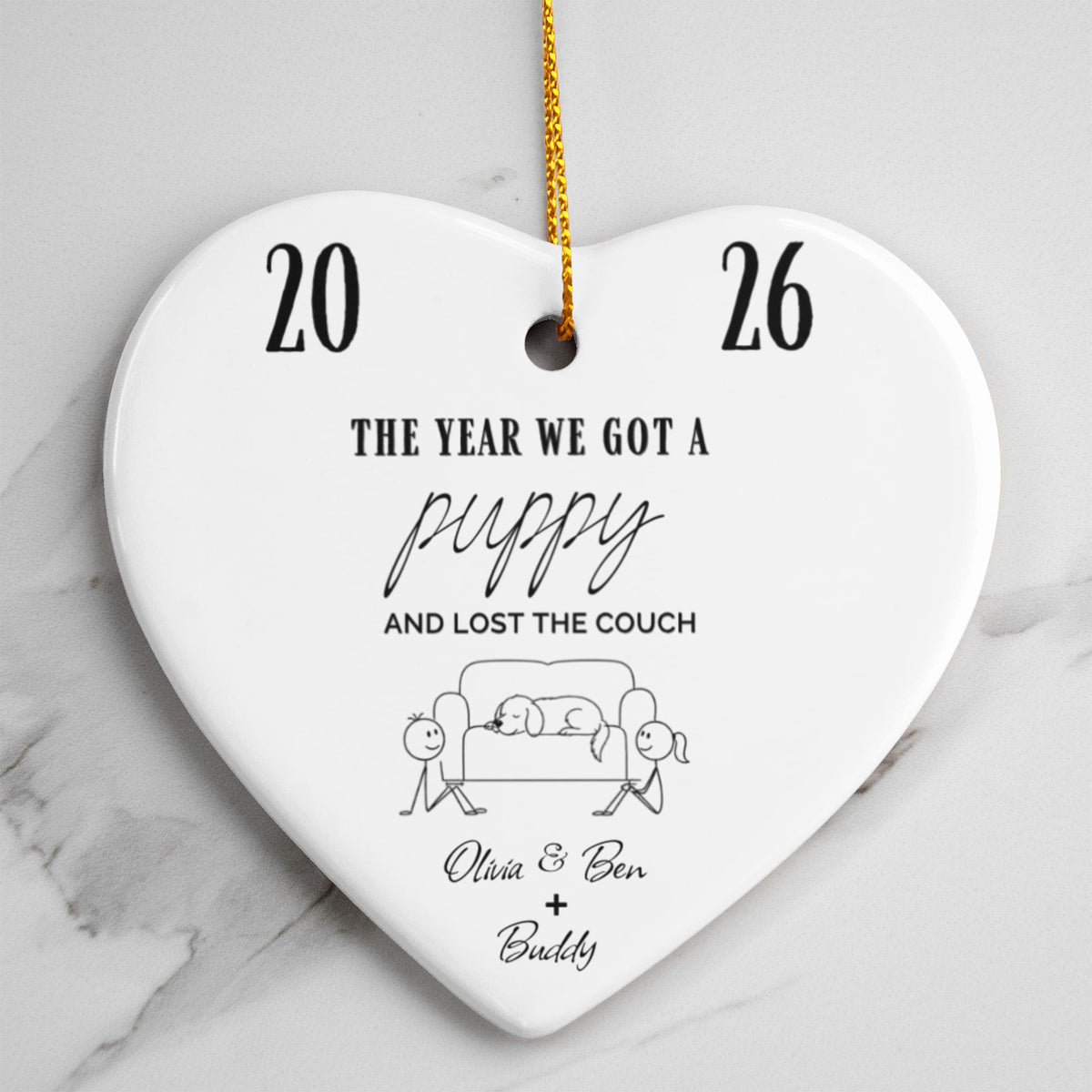 "The Year We Got a Puppy" Couple & Dog Names - Heart Ornament