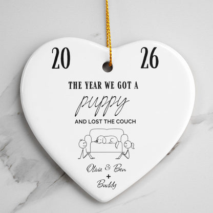 "The Year We Got a Puppy" Couple & Dog Names - Heart Ornament