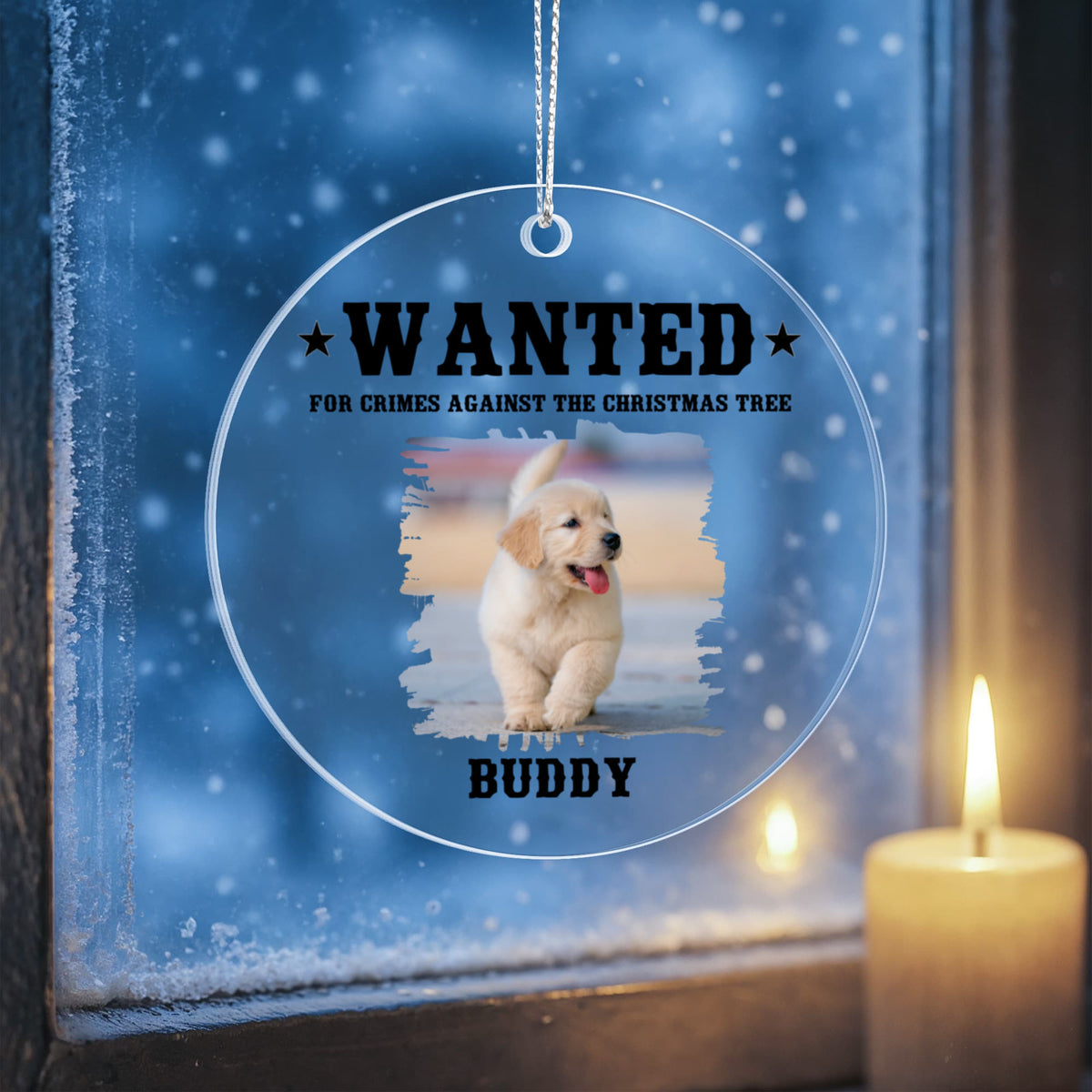 "Wanted for Crimes Against the Christmas Tree" Pet Photo Ornament