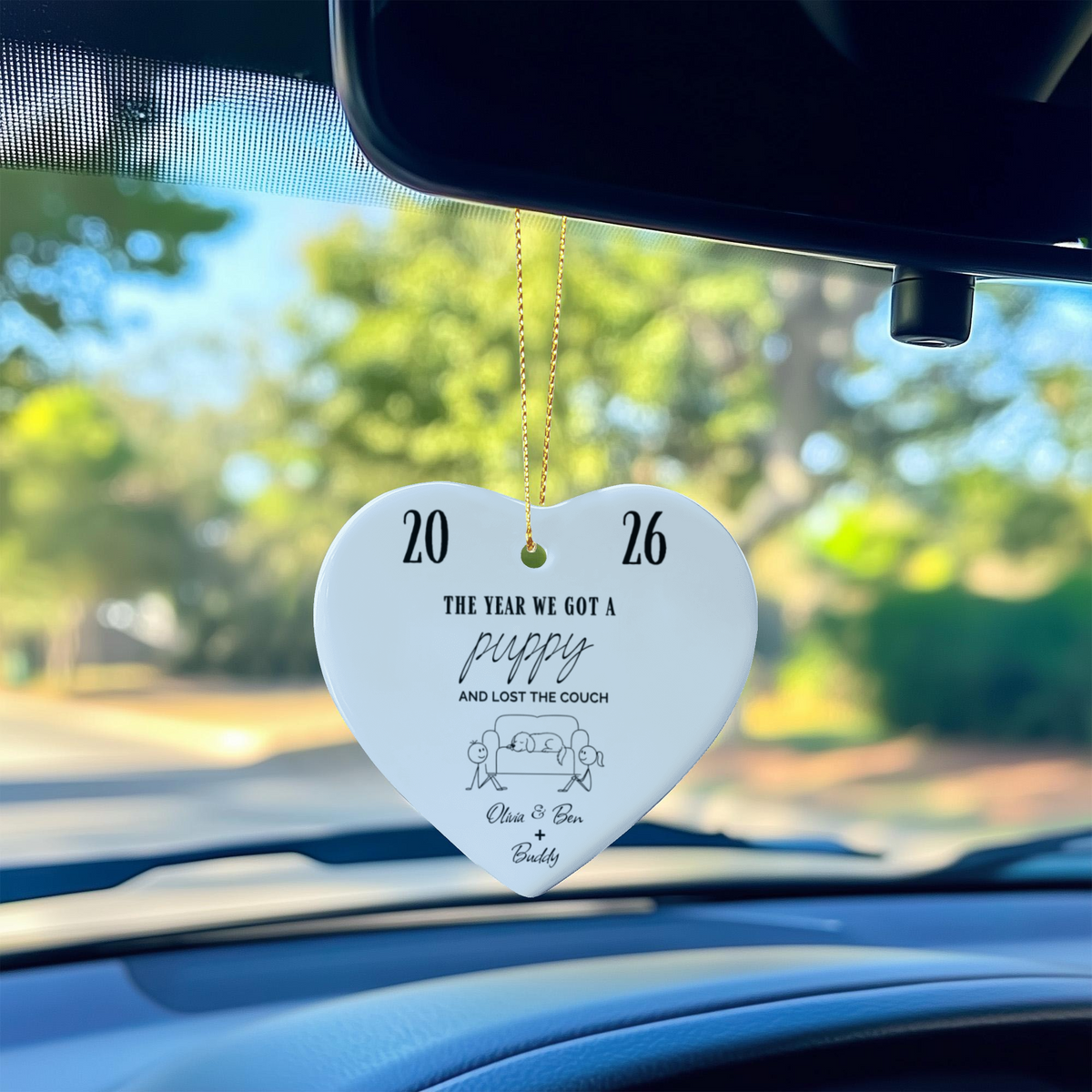 "The Year We Got a Puppy" Couple & Dog Names - Heart Ornament