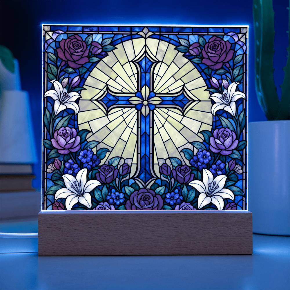 Stained Glass LED Lamp – Floral Cross