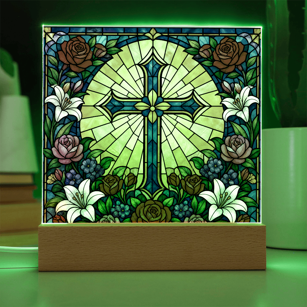 Stained Glass LED Lamp – Floral Cross