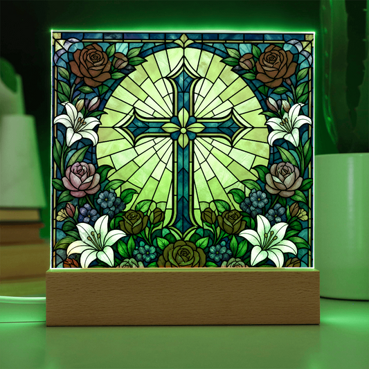 Stained Glass LED Lamp – Floral Cross