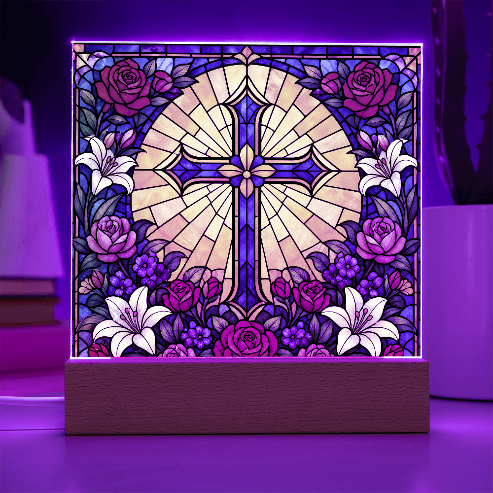 Stained Glass LED Lamp – Floral Cross