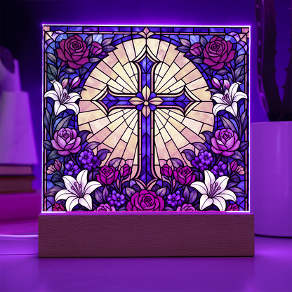 Stained Glass LED Lamp – Floral Cross
