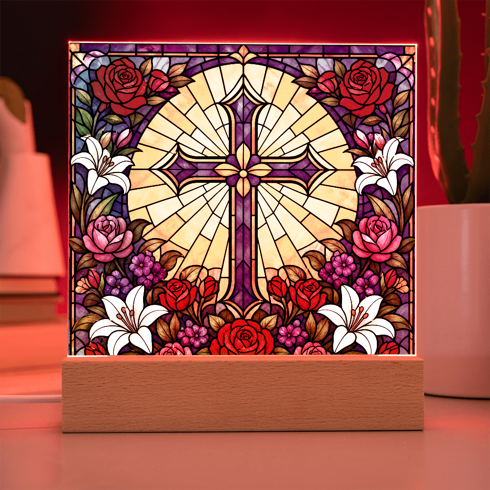 Stained Glass LED Lamp – Floral Cross