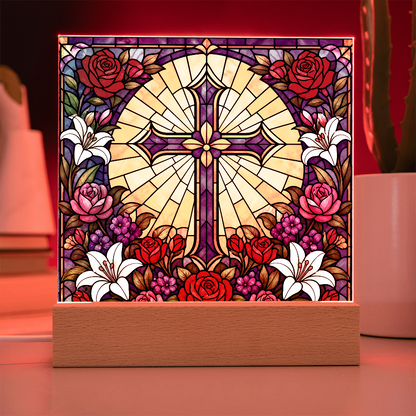 Stained Glass LED Lamp – Floral Cross