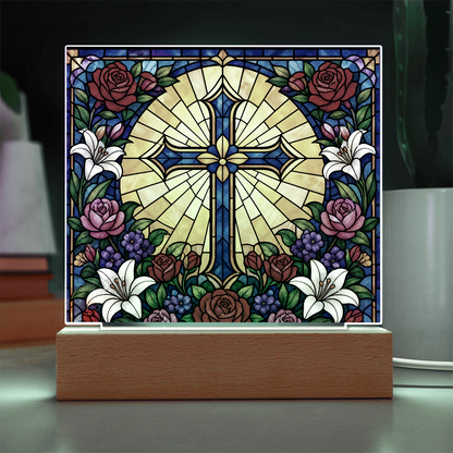 Stained Glass LED Lamp – Floral Cross