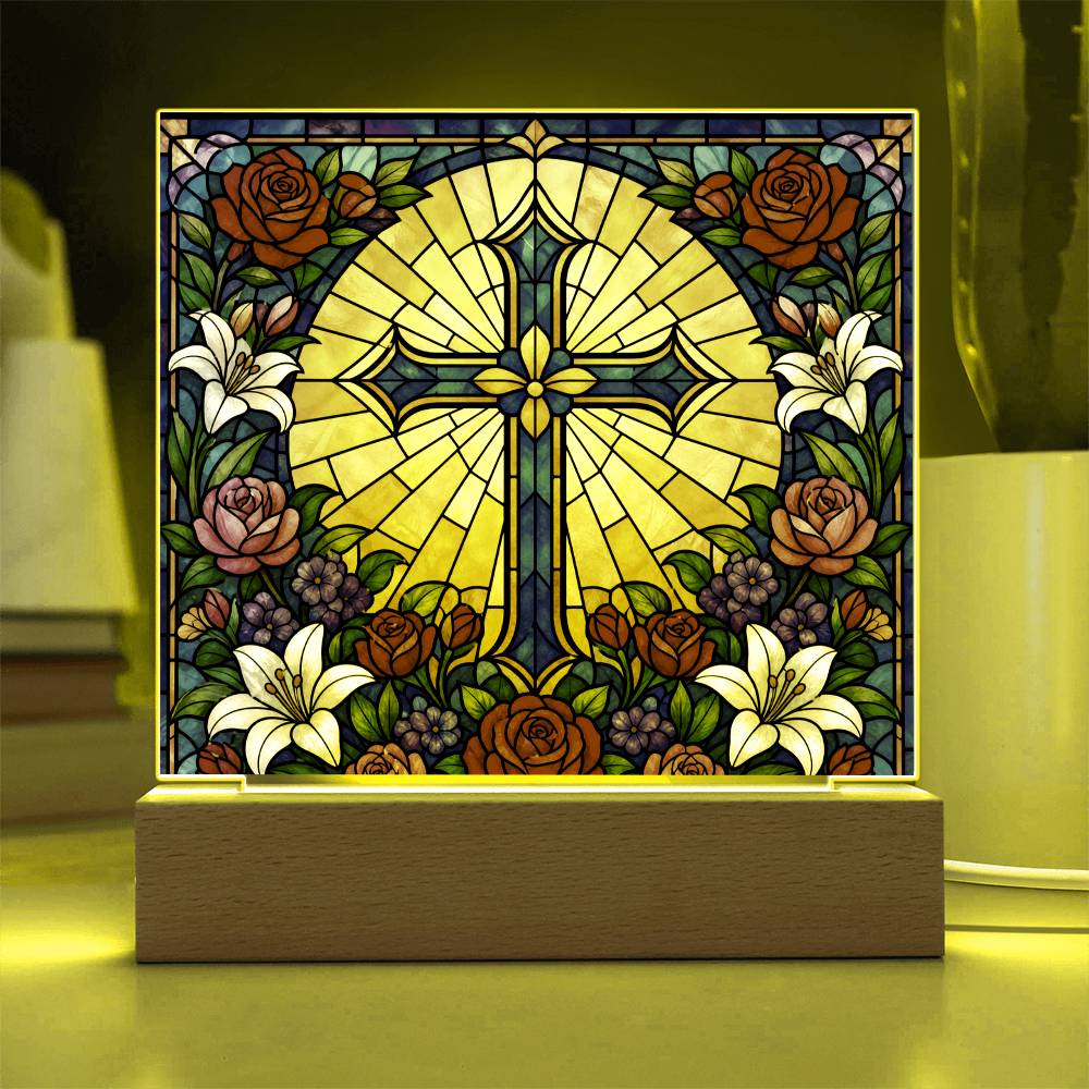 Stained Glass LED Lamp – Floral Cross