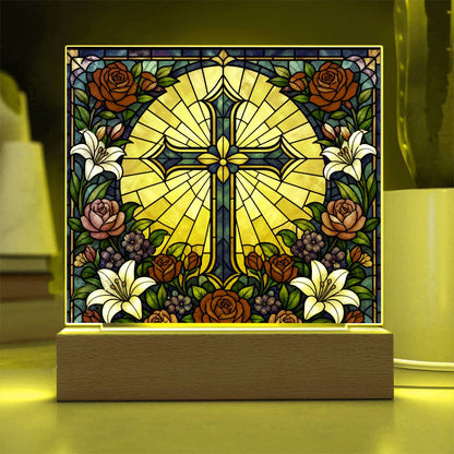 Stained Glass LED Lamp – Floral Cross
