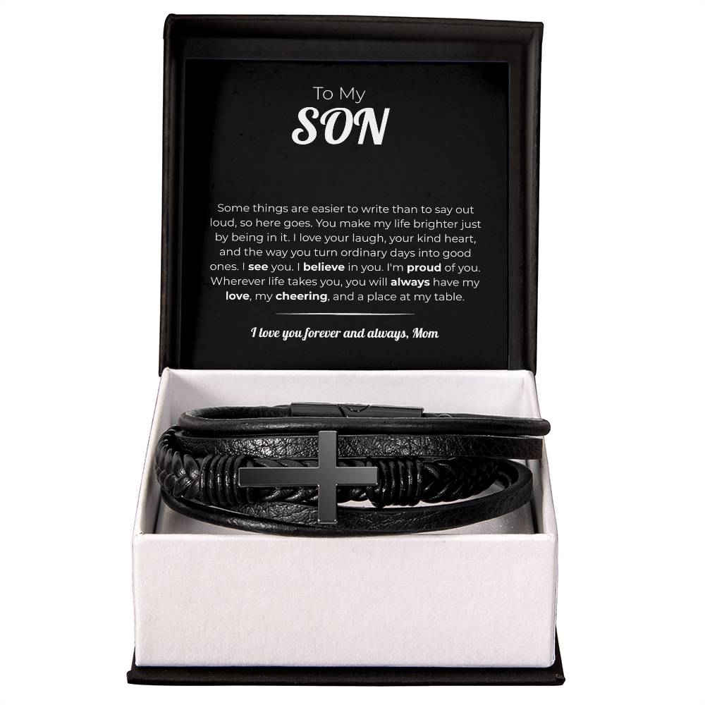 "A Place at My Table" Gift From Mom - Men's Cross Leather Bracelet