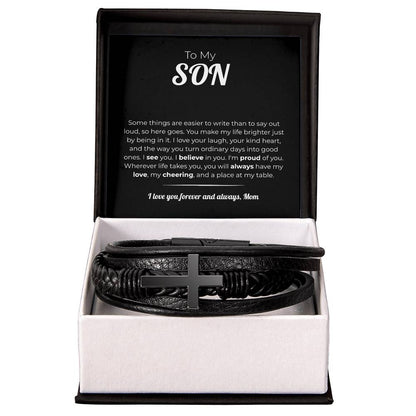 "A Place at My Table" Gift From Mom - Men's Cross Leather Bracelet