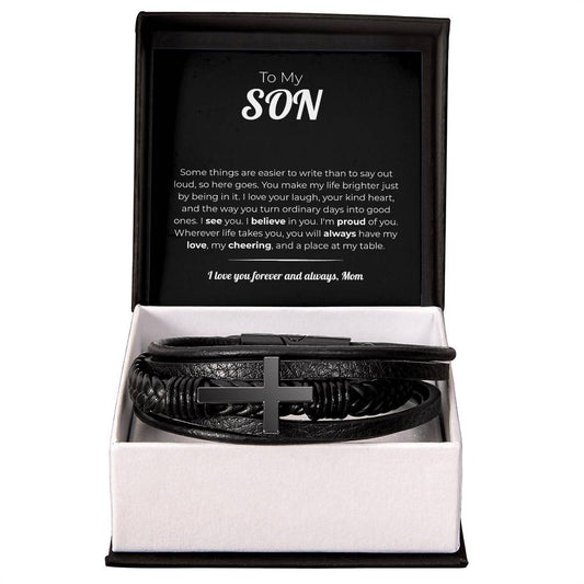 "A Place at My Table" Gift From Mom - Men's Cross Leather Bracelet