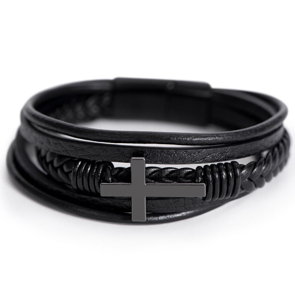 "A Place at My Table" Gift From Mom - Men's Cross Leather Bracelet
