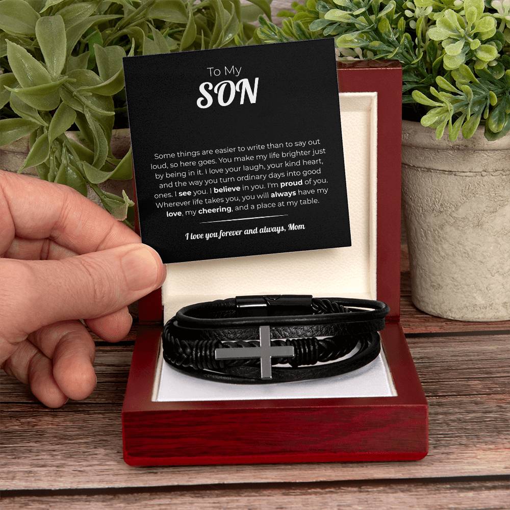 "A Place at My Table" Gift From Mom - Men's Cross Leather Bracelet
