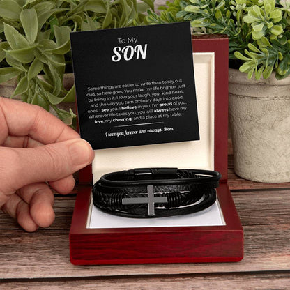 "A Place at My Table" Gift From Mom - Men's Cross Leather Bracelet