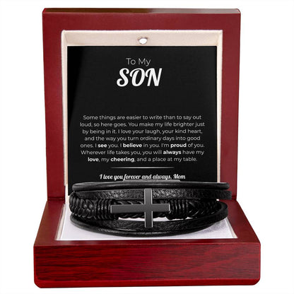 "A Place at My Table" Gift From Mom - Men's Cross Leather Bracelet