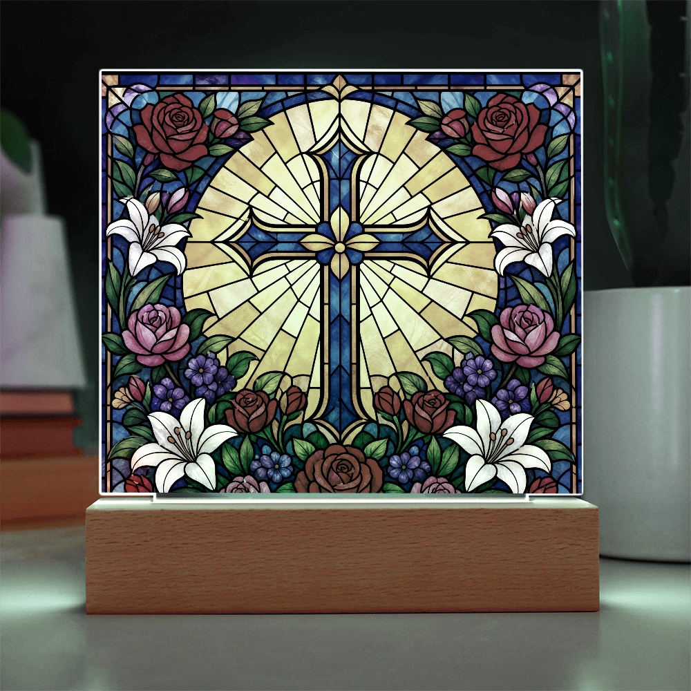 Stained Glass LED Lamp – Floral Cross