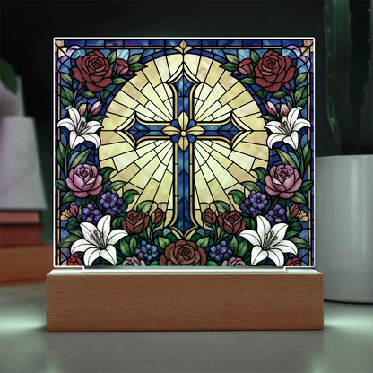 Stained Glass LED Lamp – Floral Cross