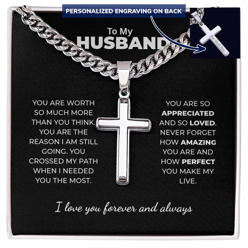 "You Crossed My Path" Gift for Husband - Engraved Cross Necklace