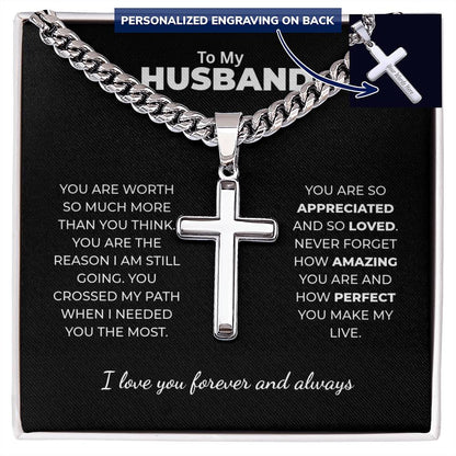 "You Crossed My Path" Gift for Husband - Engraved Cross Necklace