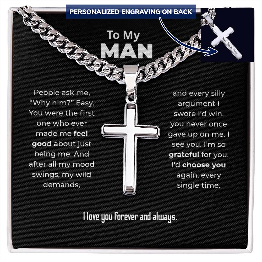 "I'd Choose You Again" Gift for Him - Engraved Cross Necklace