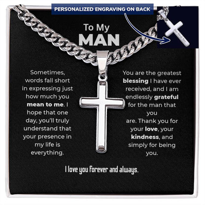 "Your Presence Is Everything" Gift for Him - Engraved Cross Necklace
