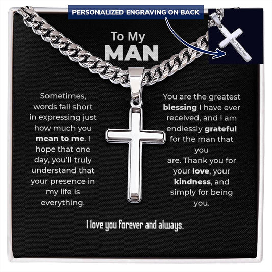 "Your Presence Is Everything" Gift for Him - Engraved Cross Necklace
