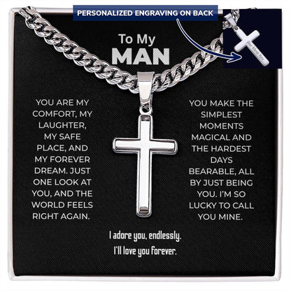 "My Comfort, My Safe Place" Gift for Him - Engraved Cross Necklace