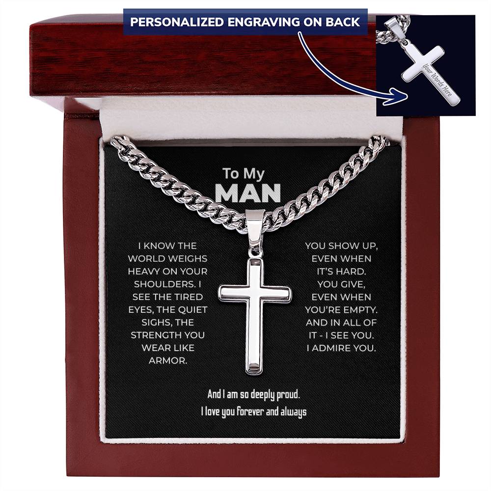"I See You. I Admire You." Gift for Him - Engraved Cross Necklace