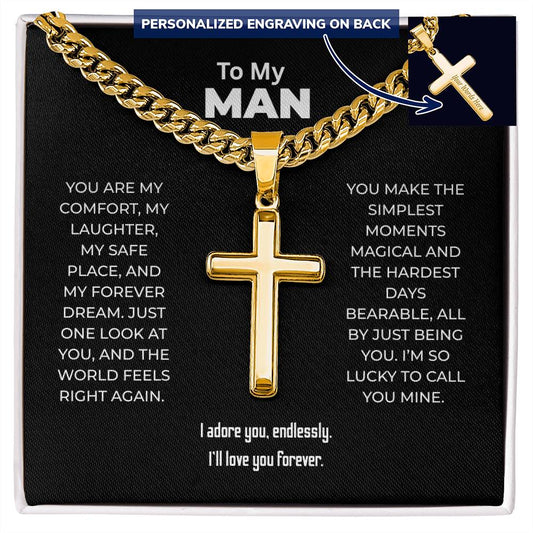 "My Comfort, My Safe Place" Gift for Him - Engraved Cross Necklace