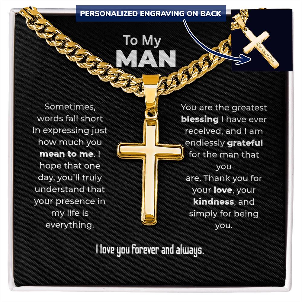 "Your Presence Is Everything" Gift for Him - Engraved Cross Necklace