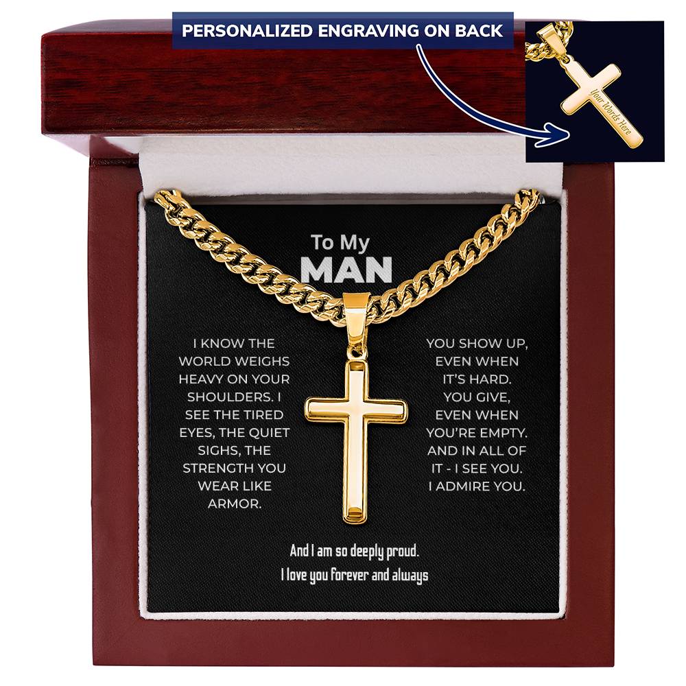 "I See You. I Admire You." Gift for Him - Engraved Cross Necklace