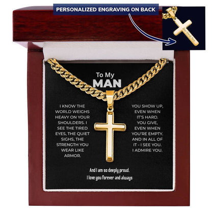 "I See You. I Admire You." Gift for Him - Engraved Cross Necklace