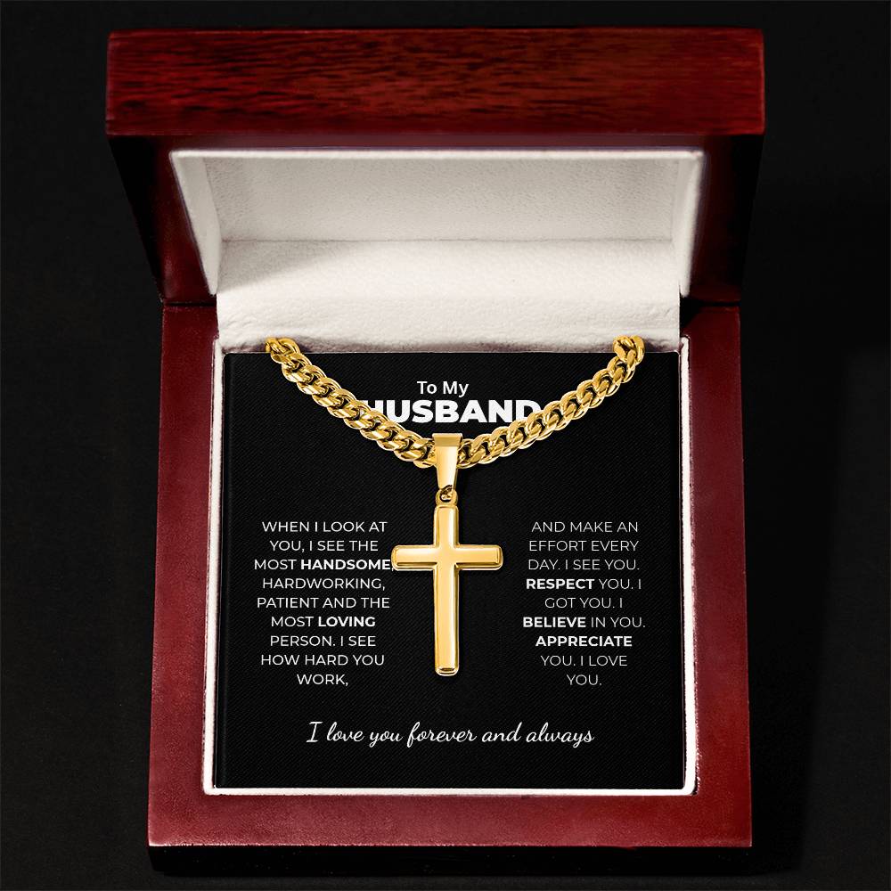 "I See How Hard You Work" Gift for Husband - Engraved Cross Necklace