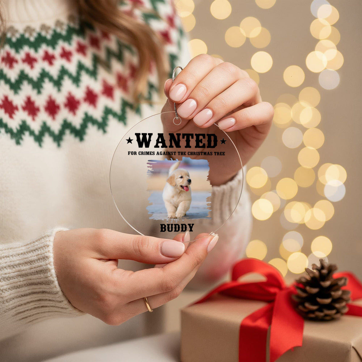 "Wanted for Crimes Against the Christmas Tree" Pet Photo Ornament