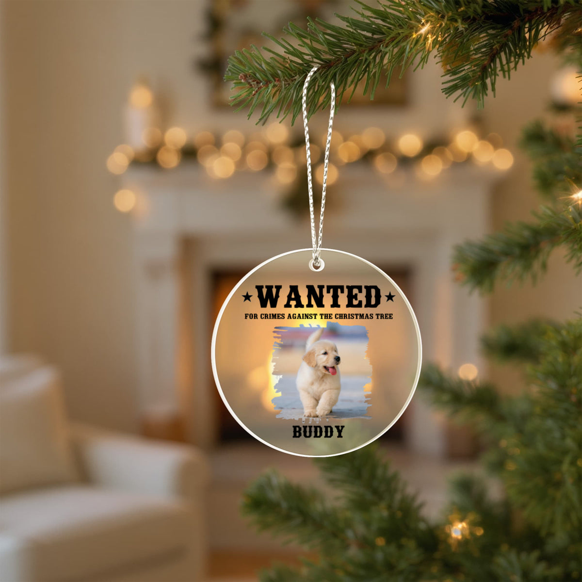 "Wanted for Crimes Against the Christmas Tree" Pet Photo Ornament